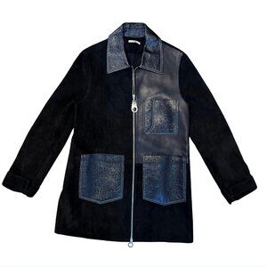 EDUN Black Faux Suede Patent Leather Coat Jacket EUC XS